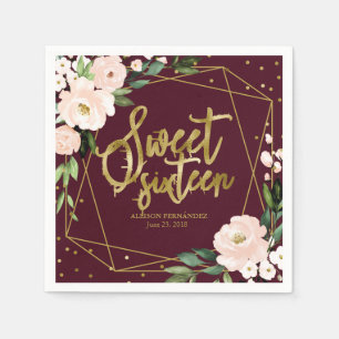 Sweet 16 Party Gold Foil Blush Floral Burgundy Napkin