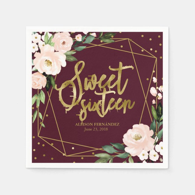 Sweet 16 Party Gold Foil Blush Floral Burgundy Napkin (Front)