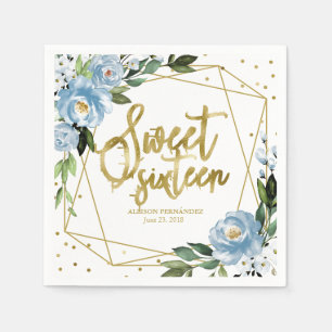 Sweet 16 Party Gold Foil Dusty Blue Floral Napkins