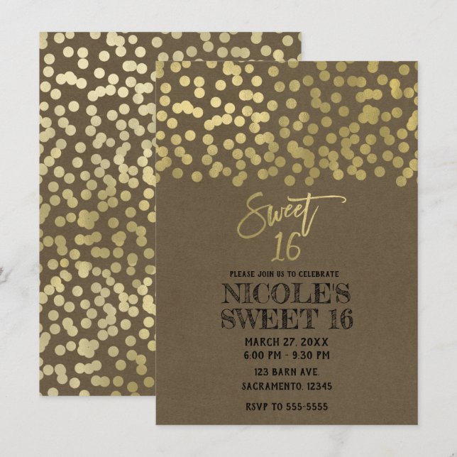 Sweet 16 Party Gold Foil Modern Chic Rustic Kraft Invitation (Front/Back)