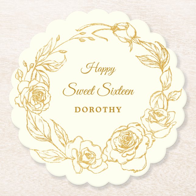 Sweet 16 Party Gold Rose Ivory White Paper Coaster (Front)