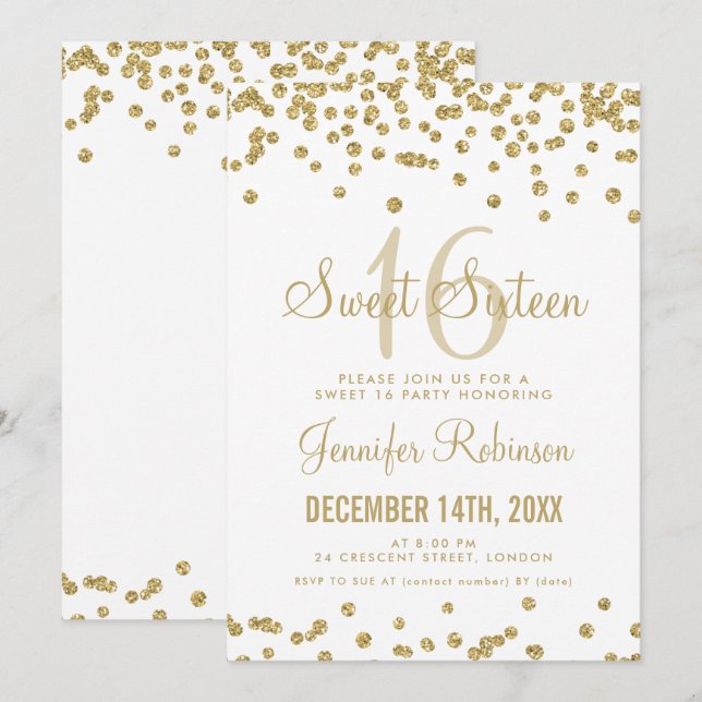 Sweet 16 Party Gold & White Glitter Confetti Invitation (Front/Back)
