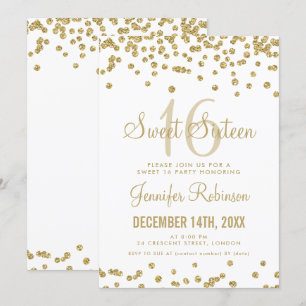 Sweet 16 Party Gold & White Glitter Confetti Invitation