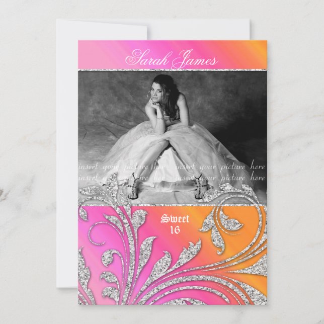 Sweet 16 Party Grad Glitter Leaves Pink Orange Invitation (Front)