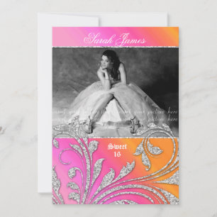 Sweet 16 Party Grad Glitter Leaves Pink Orange Invitation