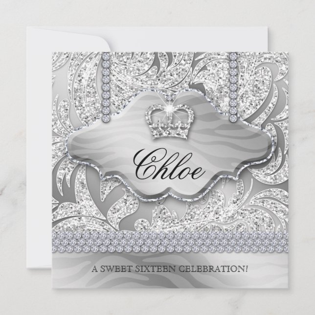 Sweet 16 Party Grad White Crown Jewellery Leaves Invitation (Front)