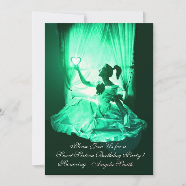SWEET 16  PARTY,GREEN BLACK DAMASK INVITATION (Front)
