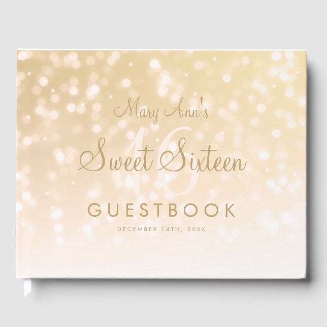Sweet 16 Party Guestbook Gold Bokeh Sparkle Lights (Front)