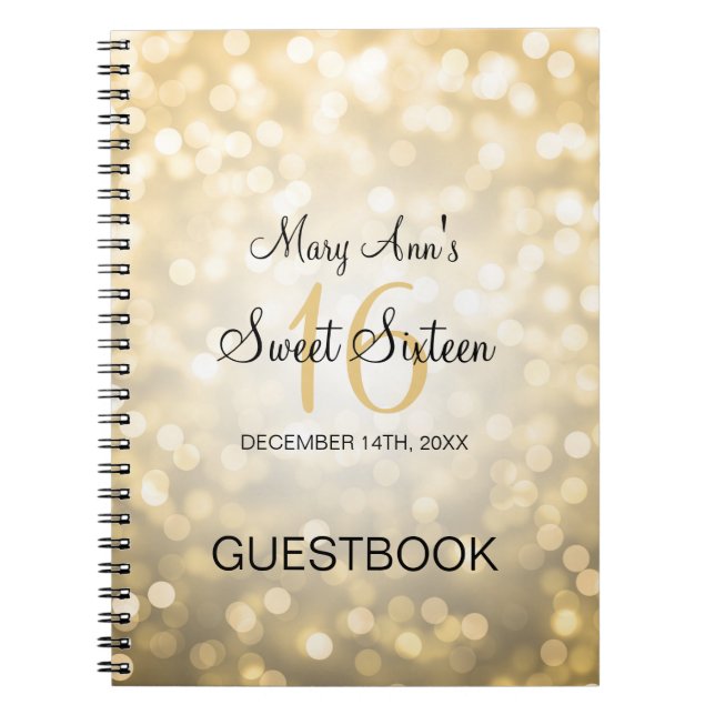 Sweet 16 Party Guestbook Gold Glitter Lights Notebook (Front)
