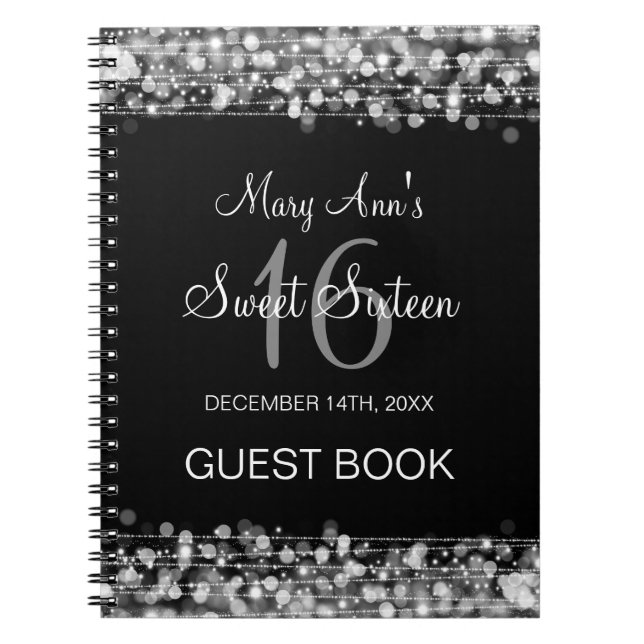 Sweet 16 Party Guestbook Party Sparkles Silver Notebook (Front)