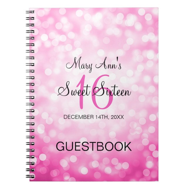 Sweet 16 Party Guestbook Pink Glitter Lights Notebook (Front)