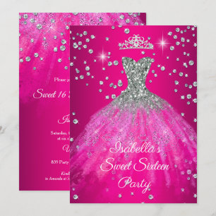 Sweet 16 Party HOT Pink dress TIARA Invitation