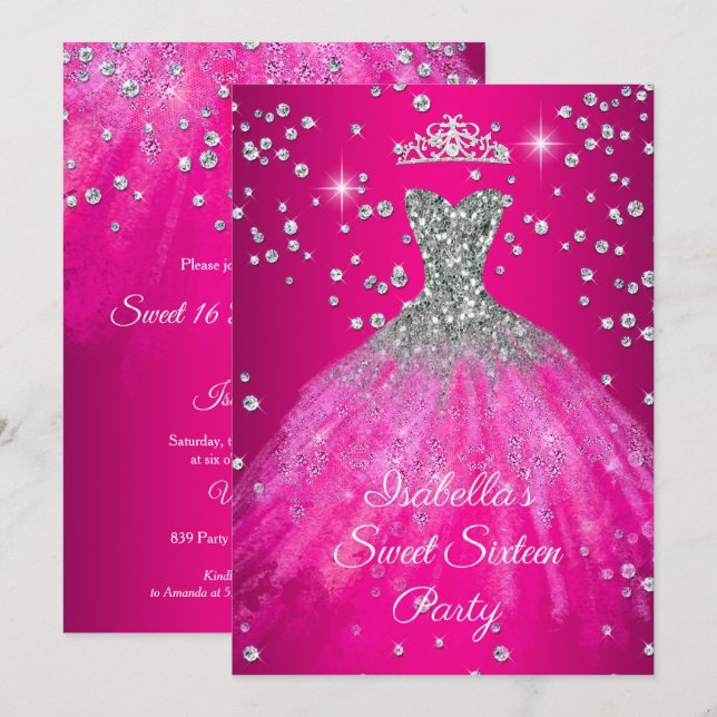 Sweet 16 Party HOT Pink dress TIARA Invitation (Front/Back)
