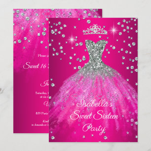 Sweet 16 Party HOT Pink dress TIARA Invitation