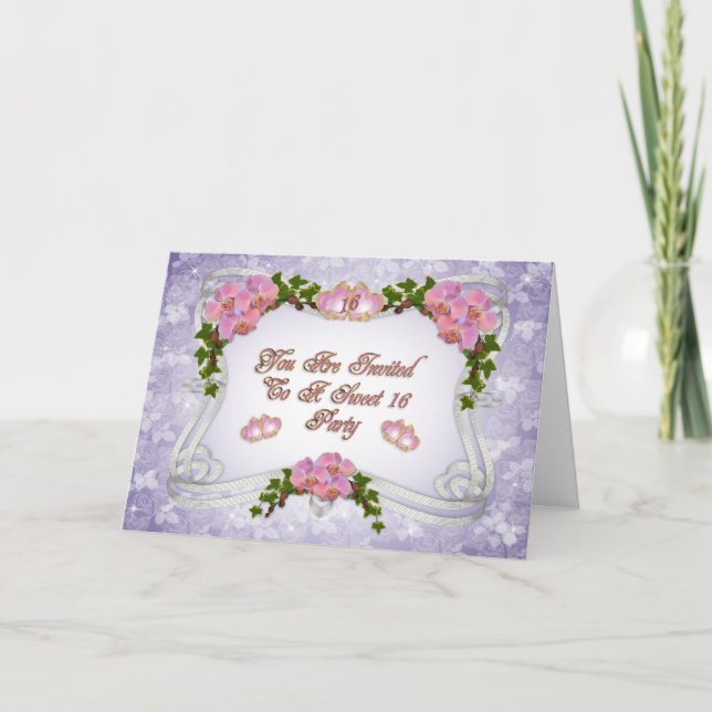 Sweet 16 Party invitation pink orchids (Front)