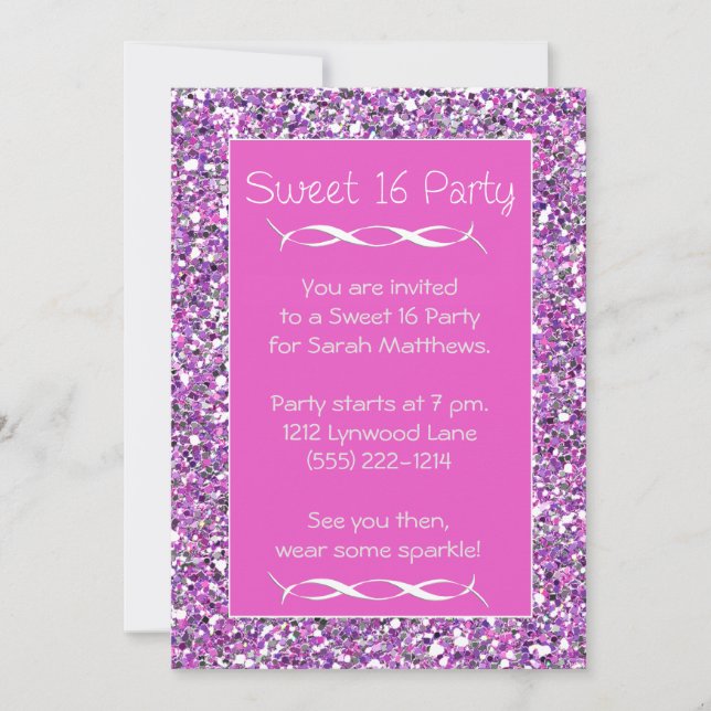 Sweet 16 Party Invitation Pink Silver Sparkle Look (Front)