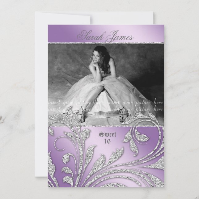 Sweet 16 Party Invite Glitter Leaves Mauve Purple (Front)
