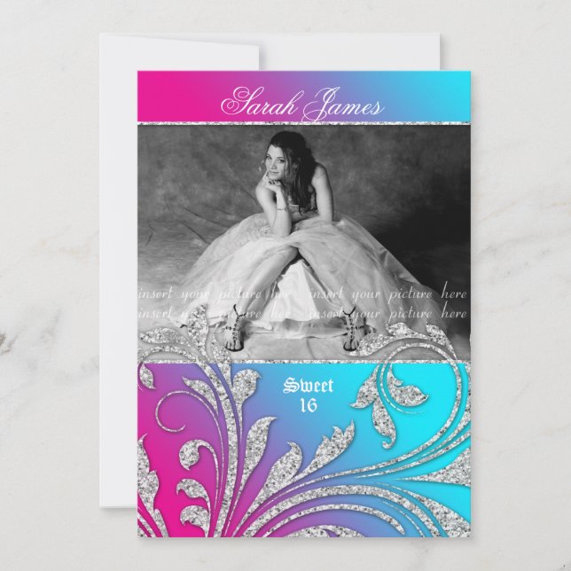 Sweet 16 Party Invite Glitter Leaves Pink Blue (Front)
