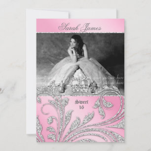 Sweet 16 Party Invite Glitter Leaves Pink Crown