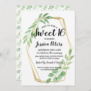 Sweet 16 Party Leaves Gold Frame Summer Invite