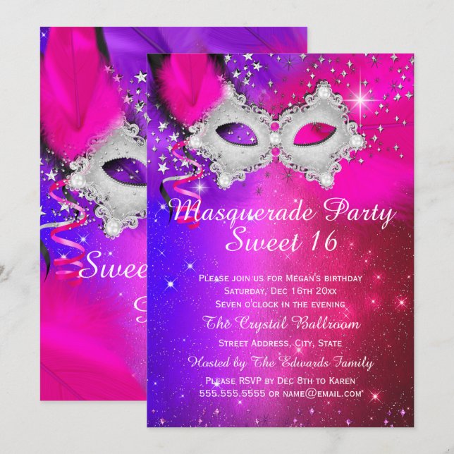 Sweet 16 Party Mask Pink Purple Silver Masquerade Invitation (Front/Back)