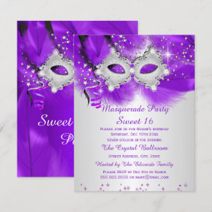Sweet 16 Party Mask Purple Silver Masquerade Invitation