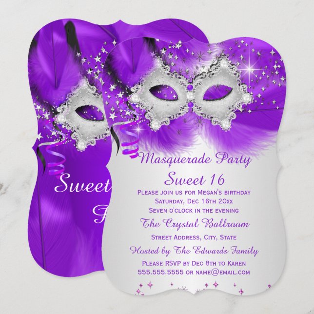 Sweet 16 Party Mask Purple Silver Masquerade Invitation (Front/Back)