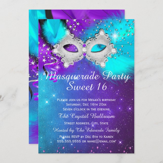 Sweet 16 Party Mask Teal Purple Silver Masquerade Invitation (Front/Back)