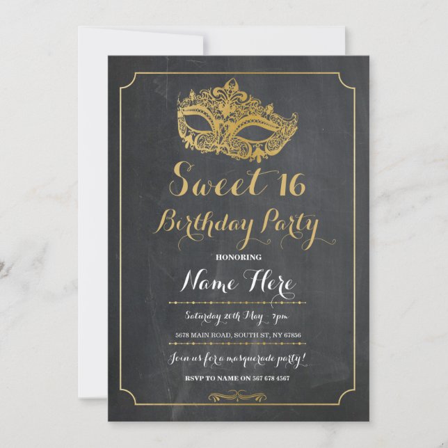 Sweet 16 Party MASQUERADE Birthday Gold Mask Chalk Invitation (Front)