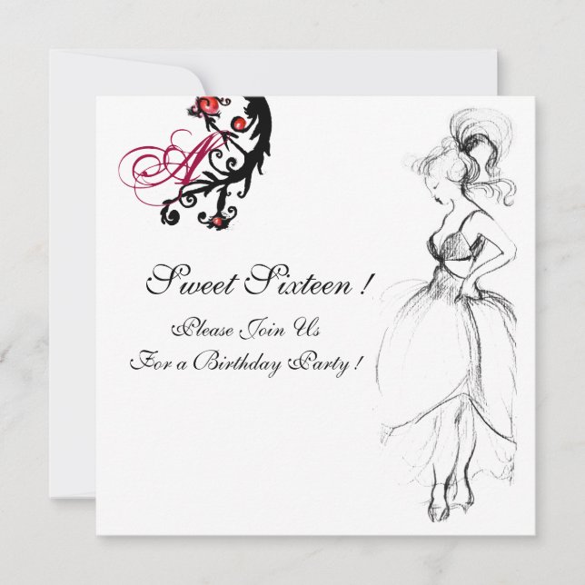 SWEET 16 PARTY MONOGRAM,Red Black White Birthday Invitation (Front)