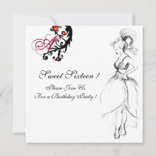 SWEET 16 PARTY MONOGRAM,Red Black White Birthday Invitation