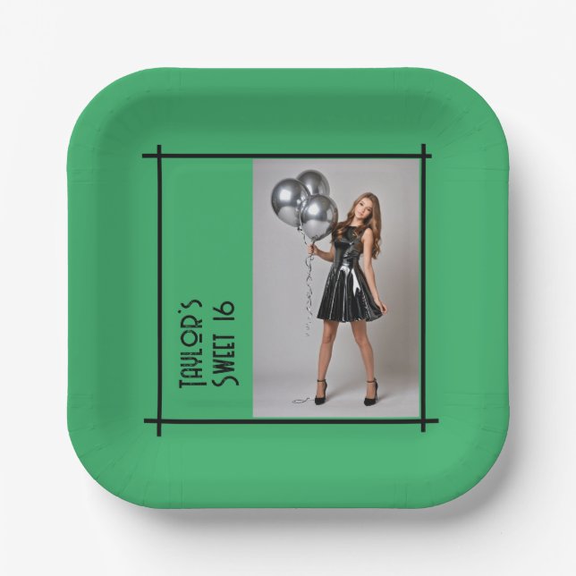 sweet 16 party napkin lilac green black photo paper plate (Front)