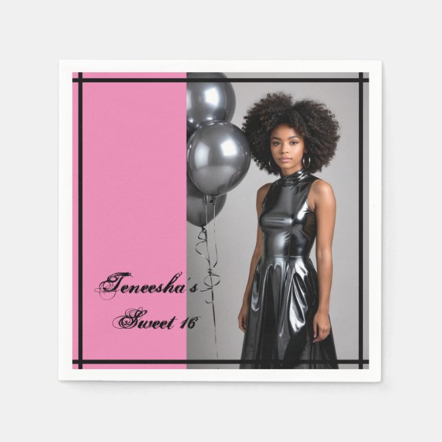 sweet 16 party paper napkin pink black  (Front)