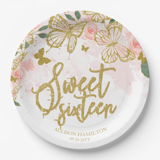 Sweet 16 Party Paper Plate Blush Butterfly Floral (Front)