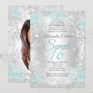 Sweet 16 Party Photo Silver Teal blue Snowflake Invitation