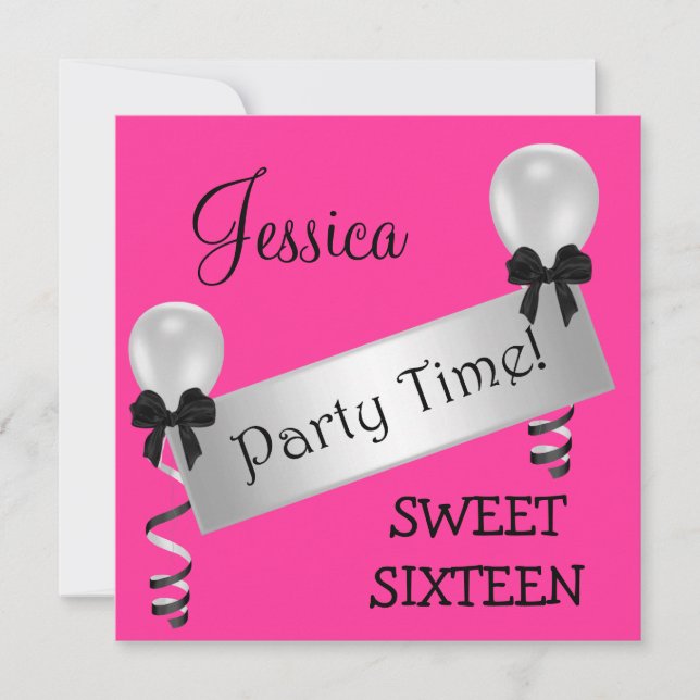 Sweet 16 Party Pink Black Silver Bows Balloons Invitation (Front)