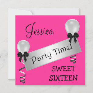 Sweet 16 Party Pink Black Silver Bows Balloons Invitation