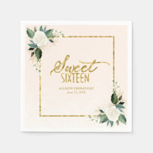 Sweet 16 Party Pink Gold Foil Floral Napkins