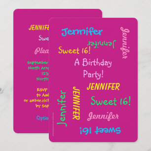 Sweet 16 Party Pink Invite, Personalised, Names Invitation