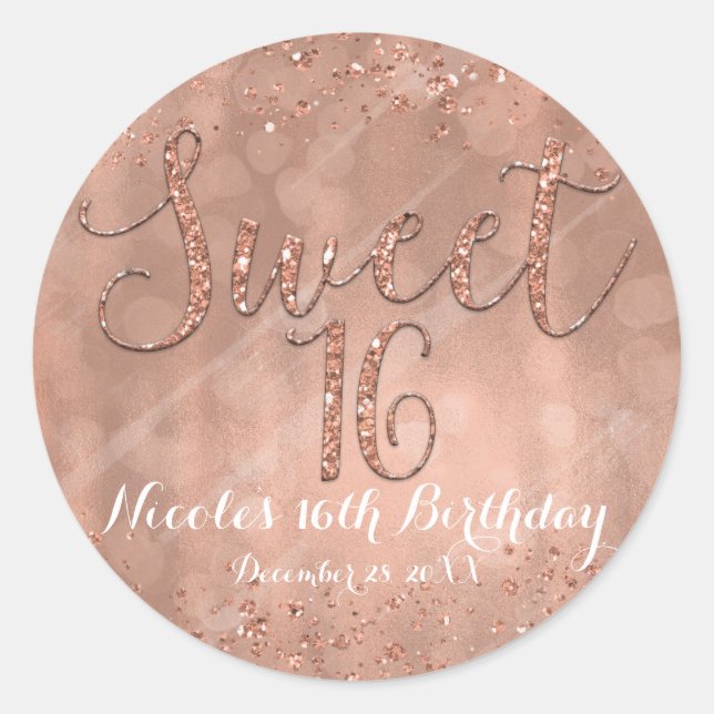 Sweet 16 Party Pink Rose Gold Glamour Favour Classic Round Sticker (Front)