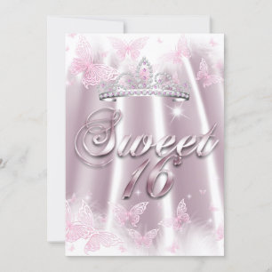 Sweet 16 Party Pink White Tiara Butterfly Silk Invitation