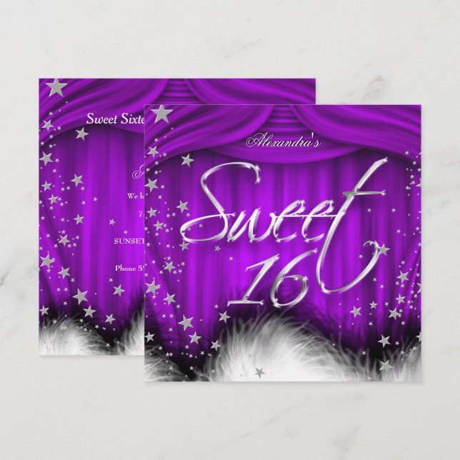 Sweet 16 Party Purple Feathers 16th Birthday Invitation (Front/Back)