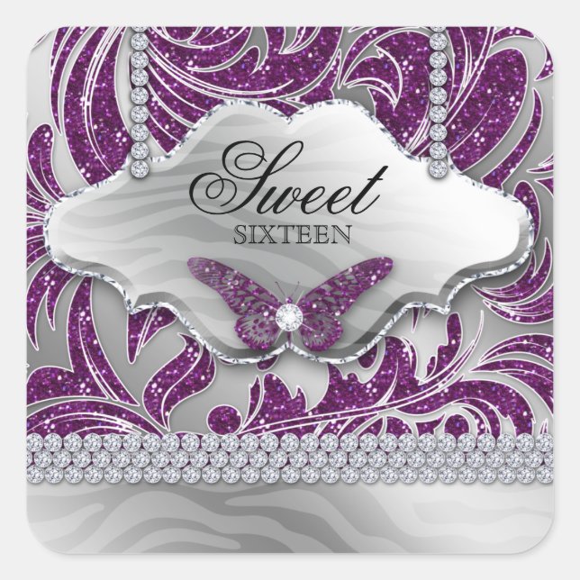 Sweet 16 Party Purple Jewellery Butterfly Square Sticker (Front)
