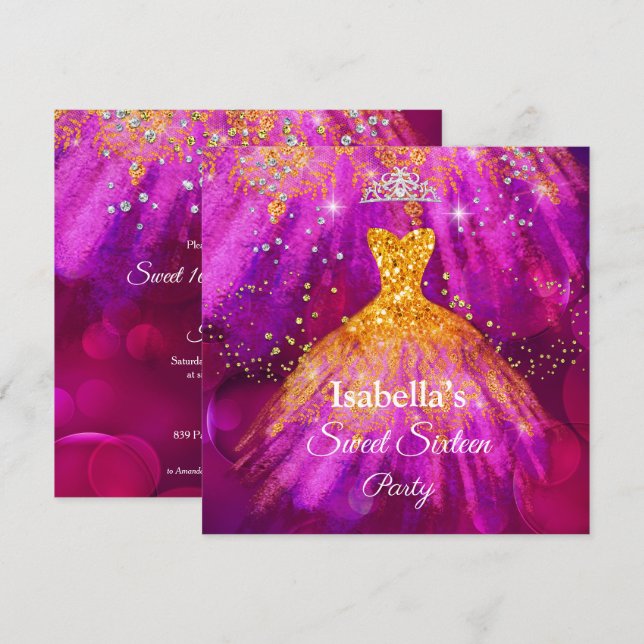 Sweet 16 Party Purple pink gold sparkle dress Invitation (Front/Back)
