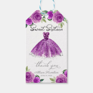 Sweet 16 Party Purple Silver Gown Floral Gift Tags
