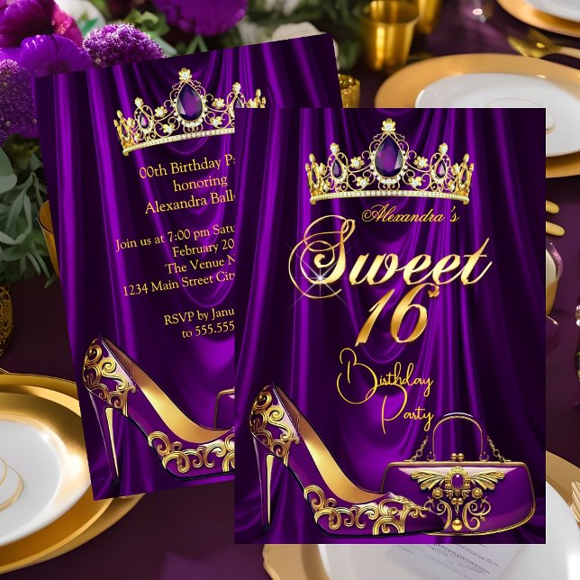 Sweet 16 Party Purple Tiara High heel Purse Gold Invitation (Creator Uploaded)