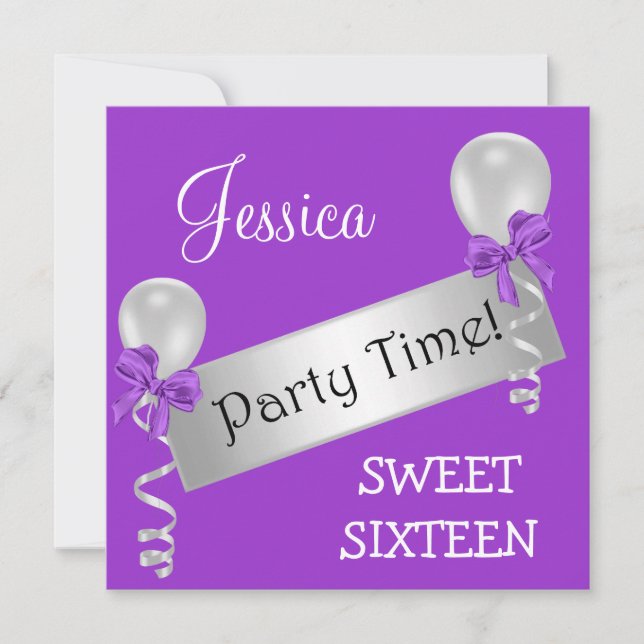 Sweet 16 Party Purple White Silver Bows Balloons Invitation (Front)