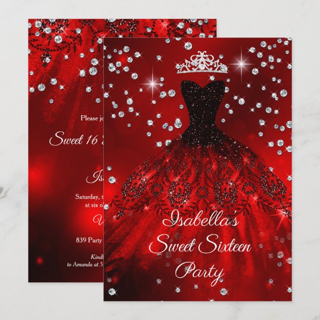 Sweet 16 Party Red sparkle dress TIARA Invitation (Front/Back)