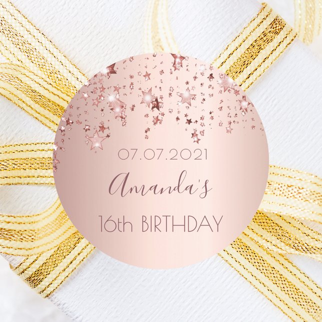 Sweet 16 party rose gold shiny stars glittery classic round sticker (Creator Uploaded)