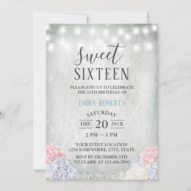 Sweet 16 Party Rustic Hydrangeas Elegant Floral Invitation (Front)